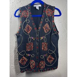 Vintage‎ Claudia D Sweater Vest Black Red Gold Beads V Neck Buttons Size Medium